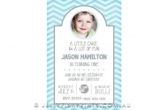 Blue 1st birthday photo invitation design. Chevron background and party info in a white frame.