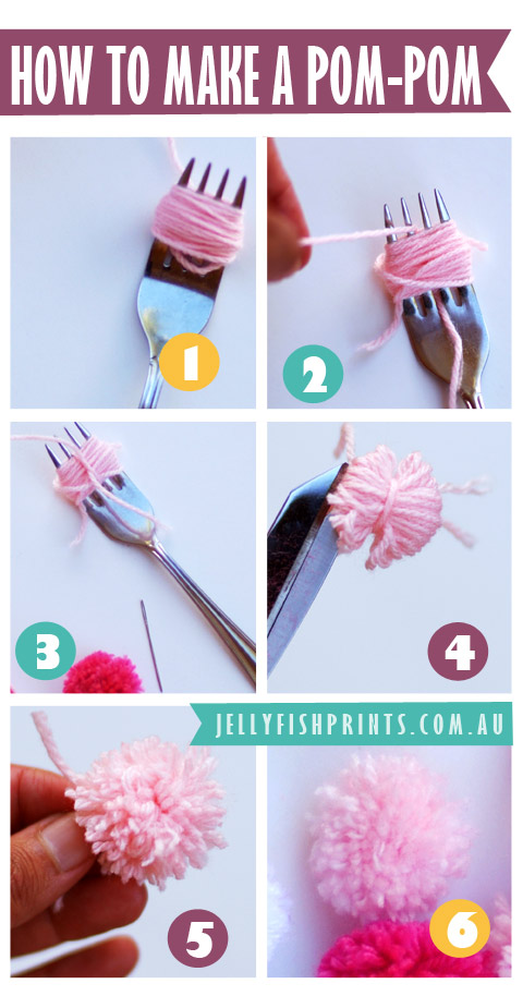 Making pom-pom's with a fork and yarn.