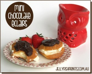 Yummy chocolate eclair recipe with choux pastry, whipped cream and chocolate topping.