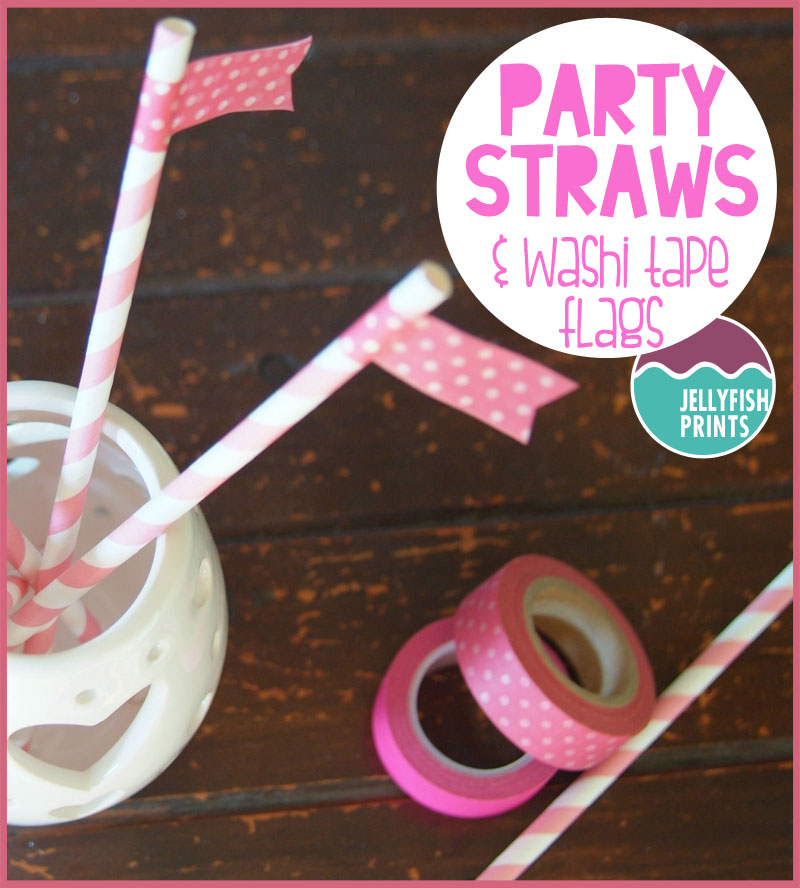 Cute straws embellished with a washi tape flag for a pink birthday party.
