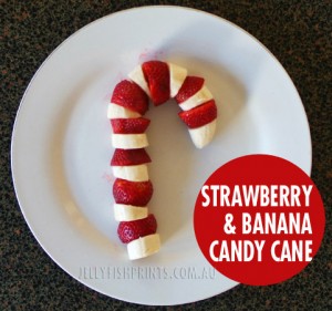 Christmas fruit snack candy cane with banana & strawberries