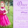 Princess birthday invitations featuring a photo of the birthday girl. Purple and pink coloured themes.